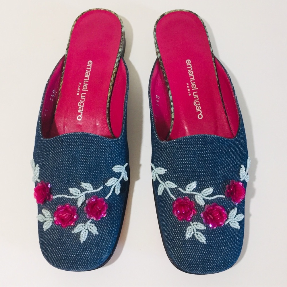 Vintage 80s Designer Denim & Leather Beaded Mules Flats